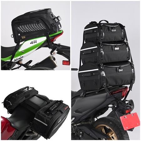 motorcykelsædeposer med fastgørelsesstropper, passer til de fleste motorcykler uden ramme eller stativ.